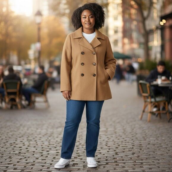 Me Jane Plus Size Tan Winter Double Breasted Peacoat Coat Jacket 3X NWOT - Picture 1 of 5